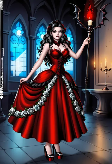 Dark fantasy art, fantasy art, goth art,  a picture of a female vampire, exquisite beauty, full body shot, dark glamour shot,  pale white skin, dark blond hair, long hair, wavy hair, (glowing grey: 1.3) eyes,  she  wears a (red: 1.3) red dress, ArmoredDres...