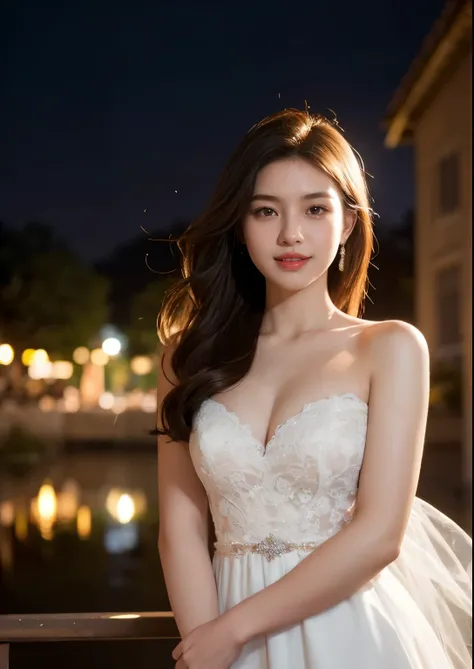 Beautiful 23 year old  woman。She is skinny. She is wearing a wedding dress . She is smiling on illuminated by the evening church lights on the romantic sunset time.  her dark brown length hair. High resolution、masterpiece、highest quality、頭w:1.0、((Hasselbla...