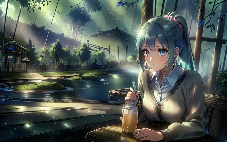 1girl, solo, long hair, blue eyes, shirt, long sleeves, holding, sitting, closed mouth, blue hair, white shirt, ponytail, outdoors, collared shirt, sweater, cup, grey eyes, table, scrunchie, cardigan, drinking straw