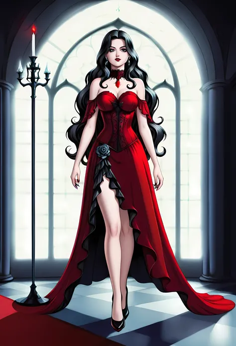 Dark fantasy art, fantasy art, goth art,  a picture of a female vampire, exquisite beauty, full body shot, dark glamour shot,  pale white skin, dark blond hair, long hair, wavy hair, (glowing grey: 1.3) eyes,  she  wears a (red: 1.3) red dress, ArmoredDres...