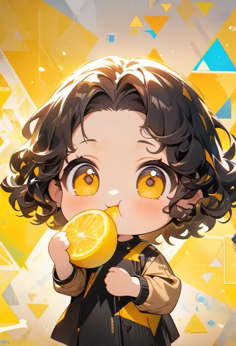 ((chibi, masterpiece, ultra detailed)), cute girl with black curly hair and yellow eyes, eating a lemon, abstract, background (yellow and orange watercolor splash, geometric), wallpaper, cinematic lighting