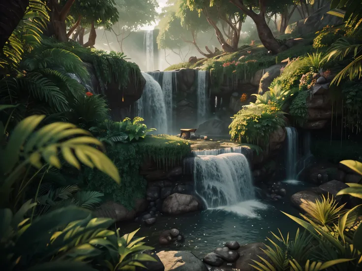 masterpiece, Best quality, (чрезвычайно подробные обои CG Unity 8k), (Best quality), (best illustrations), (The best shadows), Earth, suspended in the air, with vines on the base , with rainforest on both sides, with waterfalls, falling from above, isometr...