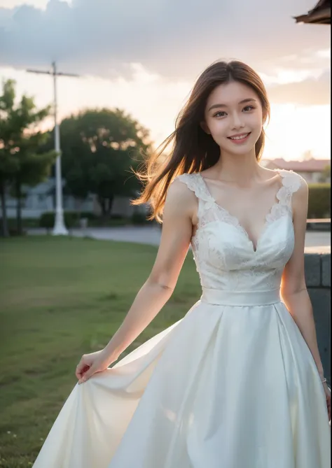 Beautiful 25 year old  skinny woman。She is wearing a wedding dress. She is smiling on illuminated by the evening church lights on the romantic sunset time.  her dark brown hair. High resolution、masterpiece、highest quality、頭w:1.0、((Hasselblad Photos))、fine ...