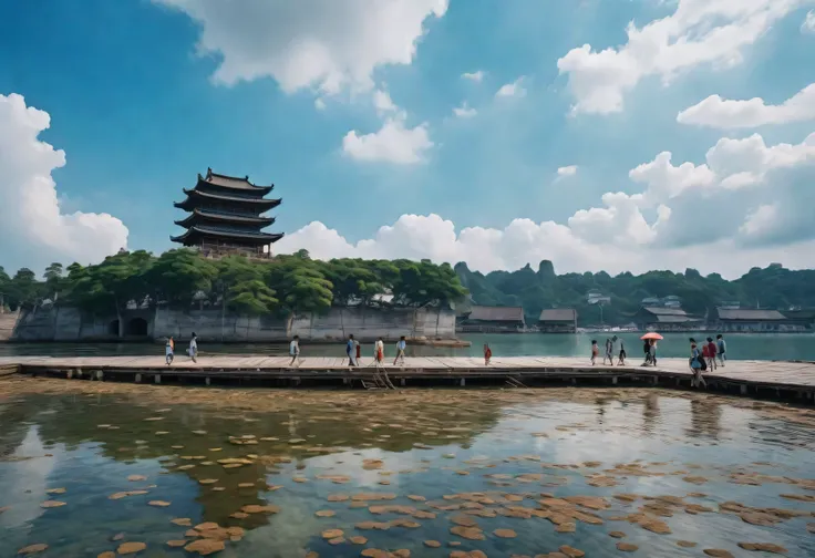 Landscape photography，Left attic，People walking on the pier，Flat viewing angle，Ancient buildings，photography，Blue sky and white clouds，8K，RAW，masterpiece，Photography