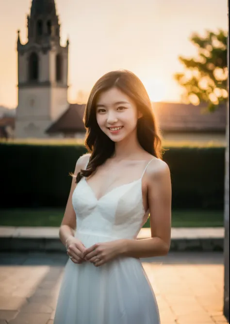 Beautiful 25 year old  skinny woman。She is wearing a wedding dress. She is smiling on illuminated by the evening church lights on the romantic sunset time.  her dark brown hair. High resolution、masterpiece、highest quality、頭w:1.0、((Hasselblad Photos))、fine ...