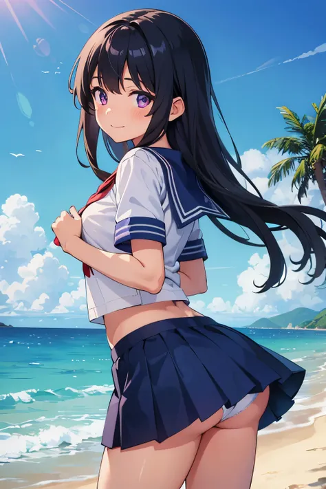 Ocean　The shoreline of the sand　Elementary school girl, 8 years old　A-cup breasts, black hair, long hair, purple eyes　smile　（one person）　White upper body, short-sleeved sailor uniform　Navy blue mini skirt　White panties（（I can see her panties）） barefoot　Sta...