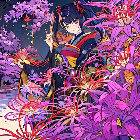 highest quality, Super quality, 16k,  Hell Girl、Very detailed, delicate and dynamic, Rainbow-colored spider lilies blooming on the banks of the Sanzu River under the moonlight、Black and red Japanese kimono