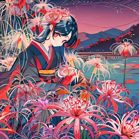 highest quality, Super quality, 16k,  Hell Girl、Very detailed, delicate and dynamic, Rainbow-colored spider lilies blooming on the banks of the Sanzu River under the moonlight、Black and red Japanese kimono