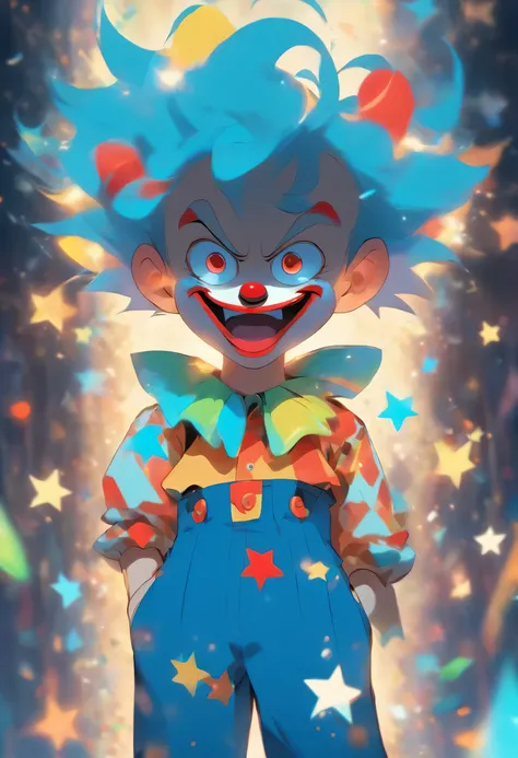 a clown boy wearing a colorful costume, blue pants with white star patterns, a yellow shirt, emotional facial expression, disney style,only costume design ,so many 