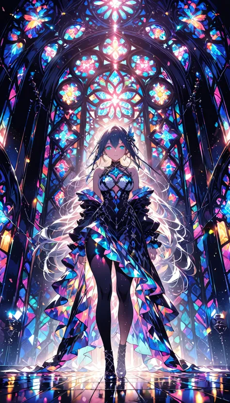 (masterpiece, highest quality, highest quality,Official Art, beautifully、aesthetic:1.2),(One girl:1.3), One girl BREAK stained glass art, Colored Glass, Lead wire, Light transmission BREAK Vivid colors, Intricate Design, Glowing effect, Spiritual atmospher...