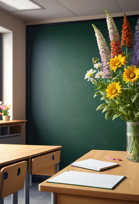 A beautiful modern school classroom, a teachers desk, desks, a chalkboard, flowers, (best quality,4k,8k,highres,masterpiece:1.2),ultra-detailed,(realistic,photorealistic,photo-realistic:1.37),cinematic lighting,warm color tones,soft focus,highly detailed,r...