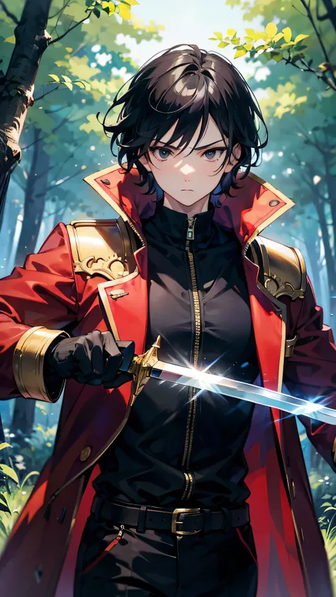 Anime art style,highest quality,High resolution,Anatomically correct,One Man,good looking,Twenty generations,Black Hair,Black Eyes,Super detailed,Fantasy worldview,Spiky Hair,Tun-tsun Hair,Focus on the upper body,Brave,Slender build,Red long coat,Black tro...