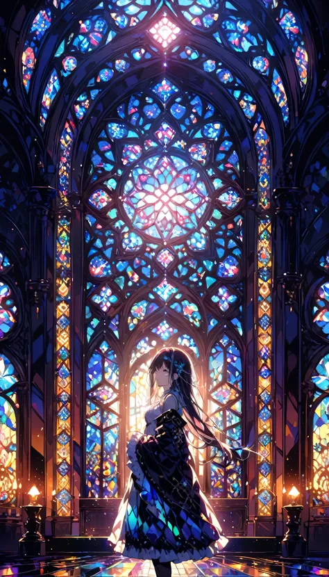 (masterpiece, highest quality, highest quality,Official Art, beautifully、aesthetic:1.2),(One girl:1.3), One girl BREAK stained glass art, Colored Glass, Lead wire, Light transmission BREAK Vivid colors, Intricate Design, Glowing effect, Spiritual atmospher...