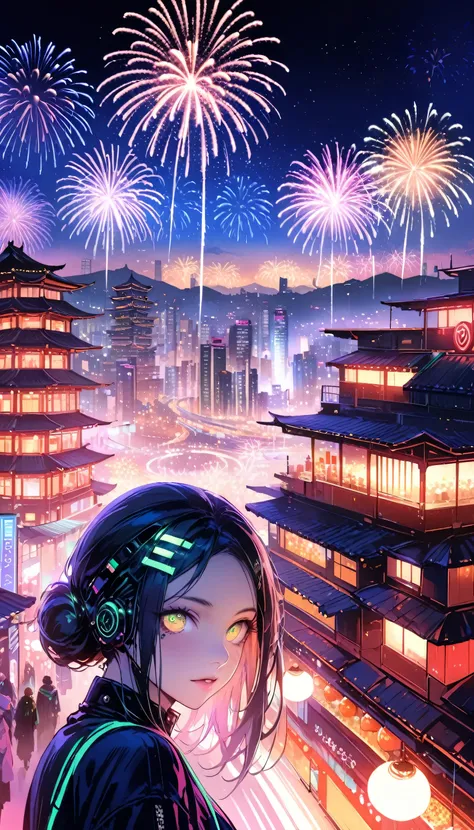 ((masterpiece)),((highest quality)),((High detail)),((Realistic,)) Future City, Architecture Street, Bazaar, cyber punk, European architecture, night, neon, Panorama view, Mr.々Building, new year, firework, Panorama, colorful firework, sky with firework, la...