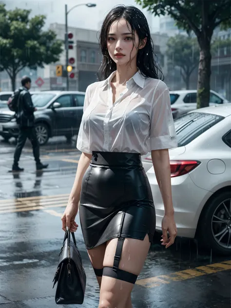 1girl, detailed face, (heavy raining:1.2), snowing, wet, soaking wet, wet hair, wet clothes, shiny skin, sweat, see-through blouse, formal cotton skirt, garter belt, branded bag, ((masterpiece)), ((best quality)), walking, volumertic light, artstation, unr...