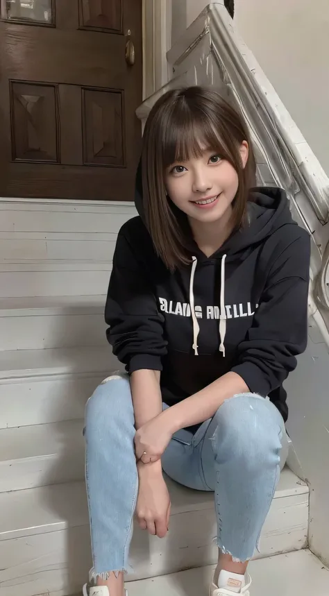 highest quality, Realistic, Very detailed, Finer details, High resolution, 8k wallpaper, One beautiful woman,Sit on the stairs、（Wear black socks）smile、（Beautiful teeth alignment、）（Gums are visible） Oversized hoodie, Skinny jeans,（ Black sneakers）、Black Hai...