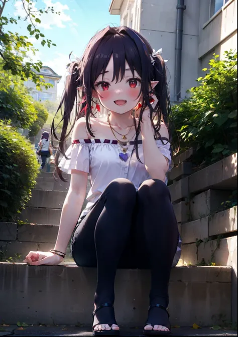 yuukikonno, Yuki Konno, hair band, Long Hair, Pointy Ears, Purple Hair, (Red eyes:1.5), (Small breasts:1.2), blush,happy smile, smile, Open your mouth,Purple cold shoulder top,Short sleeve,skinny pants,Heeled Sandals,Heart-shaped necklace,Sitting on the st...