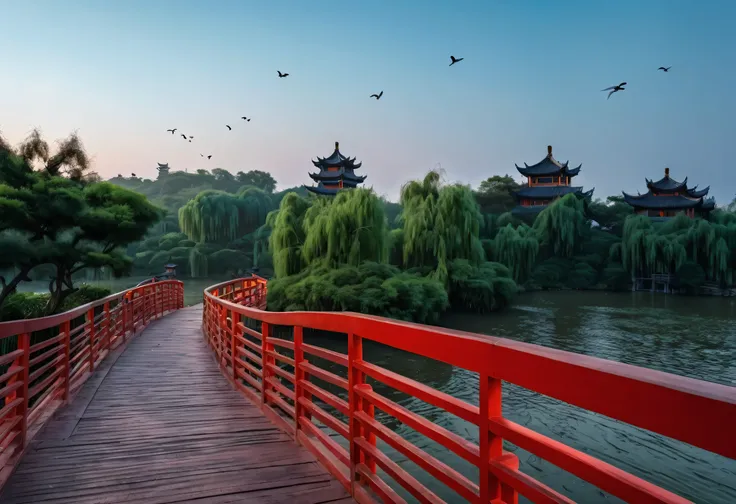 A pagoda in the background, Chinese Architecture，Landscape Photography，Sky sunset，Flocks of birds，Glow，8K，RAW，masterpiece