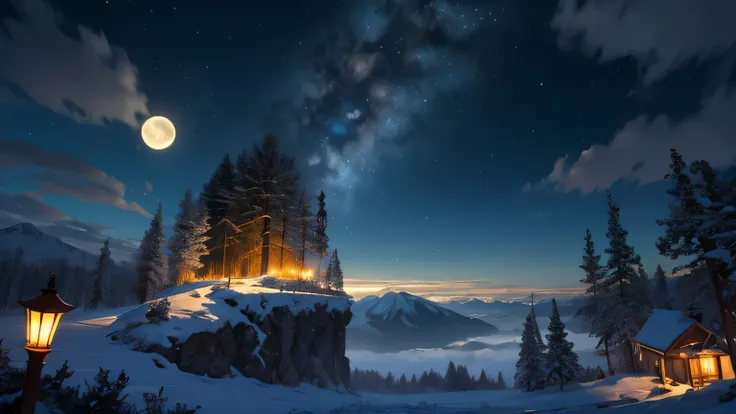 Vast landscape photography，（full moon：1.2），（meteor：0.9），（Star Cloud：1.3），Fir Mountain, tree break art，（Warm light source：1.2），（Glow worms：1.2），The lamp lights up，Lots of purple and orange，Complex details，Volumetric Lighting，Realism Break（masterpiece：1.2），（...