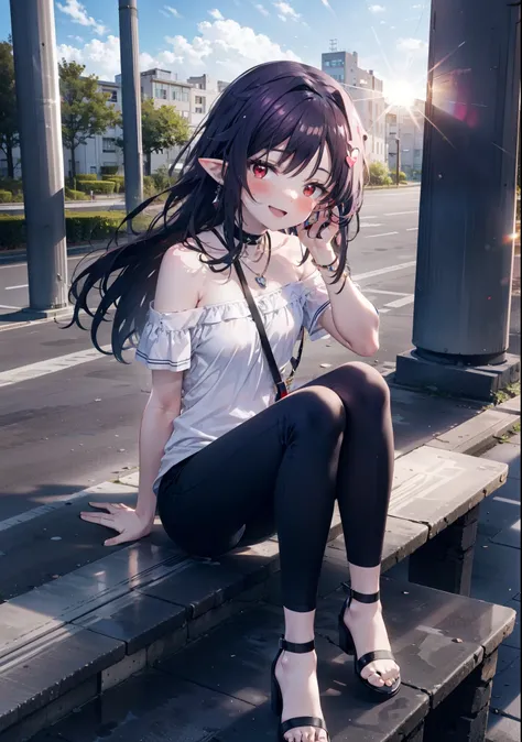 yuukikonno, Yuki Konno, hair band, Long Hair, Pointy Ears, Purple Hair, (Red eyes:1.5), (Small breasts:1.2), blush,happy smile, smile, Open your mouth,Purple cold shoulder top,Short sleeve,skinny pants,Heeled Sandals,Heart-shaped necklace,Sitting on the st...