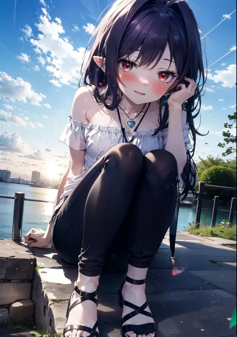 yuukikonno, Yuki Konno, hair band, Long Hair, Pointy Ears, Purple Hair, (Red eyes:1.5), (Small breasts:1.2), blush,happy smile, smile, Open your mouth,Purple cold shoulder top,Short sleeve,skinny pants,Heeled Sandals,Heart-shaped necklace,Sitting on the st...