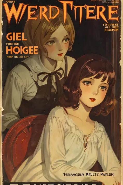 cover mistery magazine weird tale full lenght girl, cute face full lenght , girl pose for cover horror magazine weird tale , magazine age 1933, high quality,