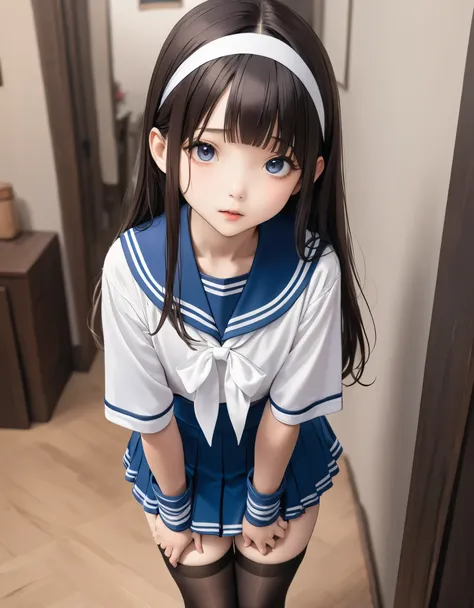 (masterpiece, best quality:1.2),10-year-old girl，（（（the eyes are very delicate）））sexual posing for photos, （（sailor suit，short s...