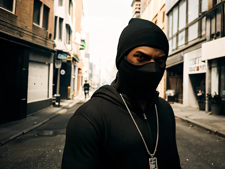 a man wearing a thief mask, wearing a black hoodie with a dog tag necklace, is stealing a city containing weapons