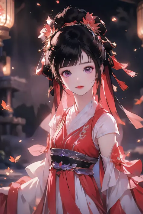 1 girl, a cute , has long black hair, bright purple eyes, smiling girl, girl wearing red hanfu,a cheerful girl, around her there...