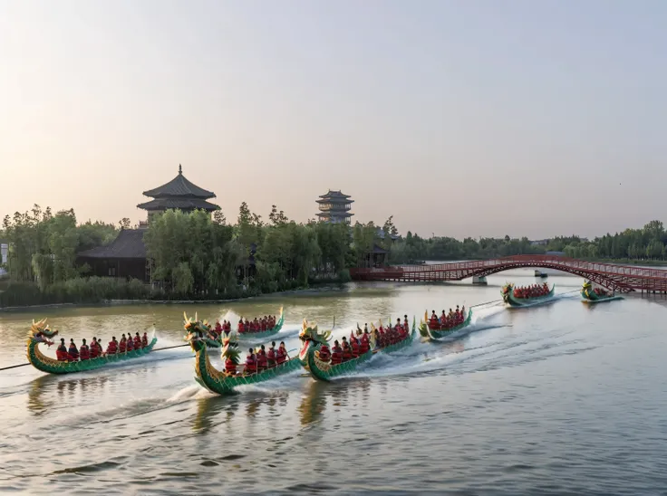 water surface,Four dragon boats,Each dragon boatSixpersonal,Leisure,Slowly rowing a dragon boat,Very slow,entertainment,(((There are people on the bridge))),audience,Minimalist composition,raw,International Master's Works,Award-winning works,National G...