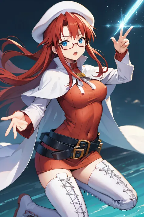 summonnightaty, aty, (young:1.3),long hair, blue eyes, red hair, large_beret, hat, glasses,
BREAK long hair, thighhighs, hat, dress, boots, glasses, belt, cape, sweater, zettai ryouiki, beret, thigh boots, white footwear, ribbed sweater, loose belt,solo,
B...