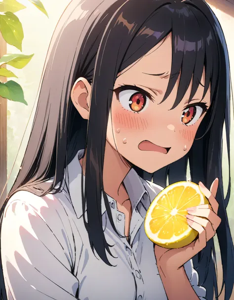 1 girl,hayase nagatoro,((holding a sliced lemon in hand)),(painful expression,glare,munch),collared white shirt,cute,anime illus...