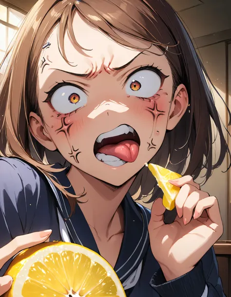 1 girl,high school girl,((holding a slice of lemon)),((painful expression,get angry,glare,sticking out tongue)),anime illustrati...