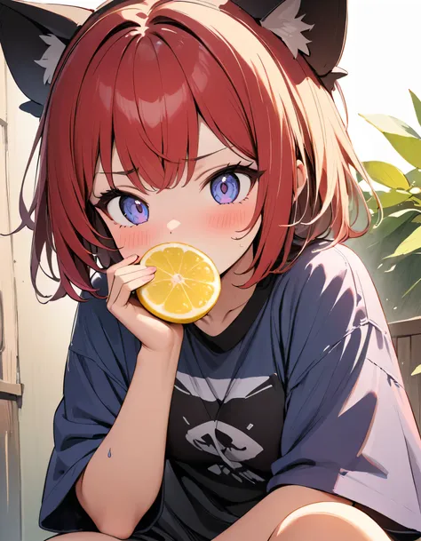 1 girl,sitting,((holding a slice of lemon)),painful expression,get angry,glare,anatomically correct,,high quality,masterpiece,,a...