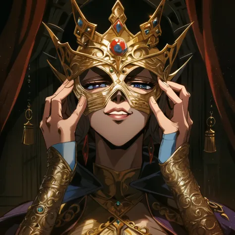 woman putting on a crown that is also a mask, in the style of magic the gathering, fantasy