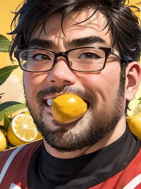 a man with glasses biting into a lemon, dynamic, strong, brave, expressive, energetic, charismatic, stylish, confident, victorio...