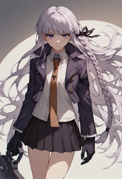 score_9, score_8_up, score_7_up, 1girl,  kyoker, silver hair, single side braid,  black gloves, purple skirt, brown necktie, whi...