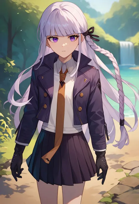 score_9, score_8_up, score_7_up, 1girl, Kyoker, silver hair, single side braid, black gloves, purple skirt, brown necktie, white shirt, purple jacket, outdoors