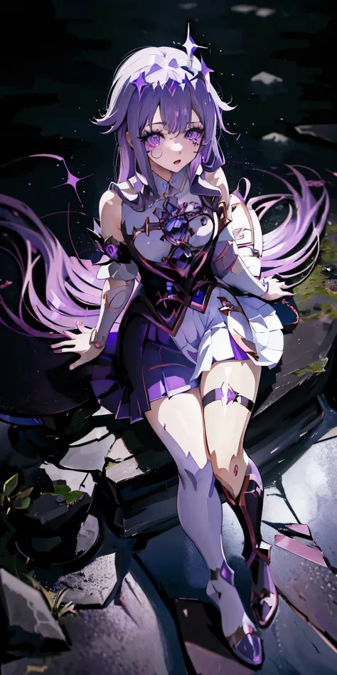 anime girl with purple hair and purple skirt sitting on the stone floor, ayaka genshin impact, ahegao, satya from overlord, purp...