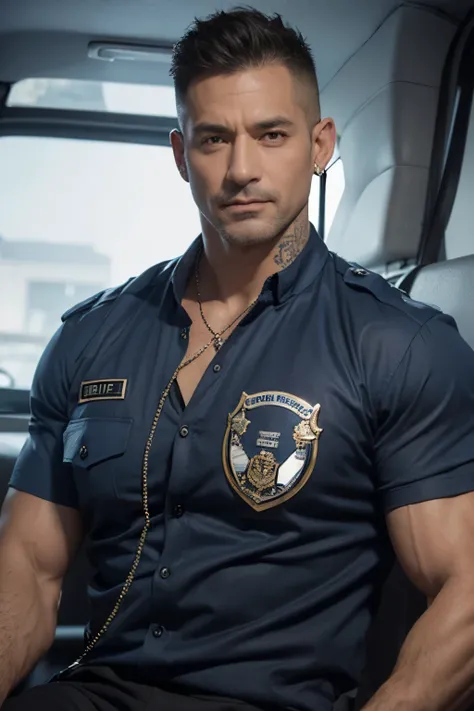 police, police officer, police officer uniform, cops, daddy, old man, handsome old man, handsome male wearing police officer uniform, muscular, muscular chest, open chest, muscular arms, tattooed, tattooed arms, veiny, buzz cut, necklace, earrings, seducti...