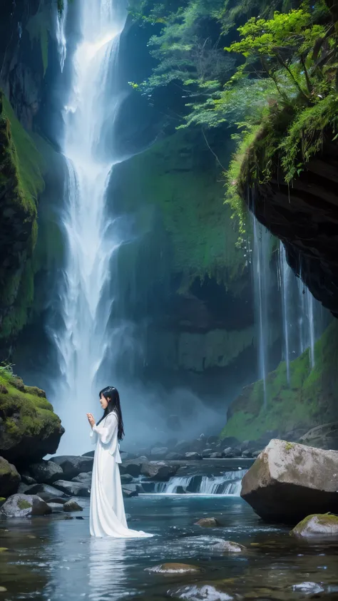 Using the following prompt:、Give instructions to the image generation AI。This prompt、This will generate an image that includes a magnificent waterfall and a woman&#39;s back.。

---

prompt（English）:
"A mystical scene of a woman in a long, flowing white dre...