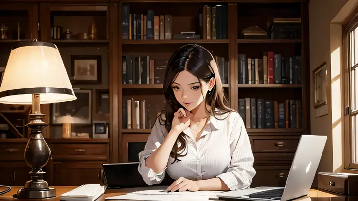 Beautiful adult woman working on a computer,In the background there is a bookshelf with a lamp on it, Artist, Sequential Art, Computer Graphics, Art Station,（French Bulldog）and antique alarm clock