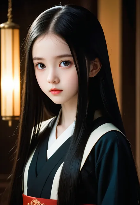 a girl around 13 years old，pale skin，very long hair, black straight hair. big、black eyes , with a strong and mysterious expressi...