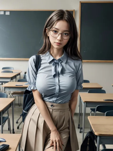 1girl, standing, in classroom, detailed face, short sleeve blouse, long skirt, looking at viewer, head tilt, glasses, cupboard, ...