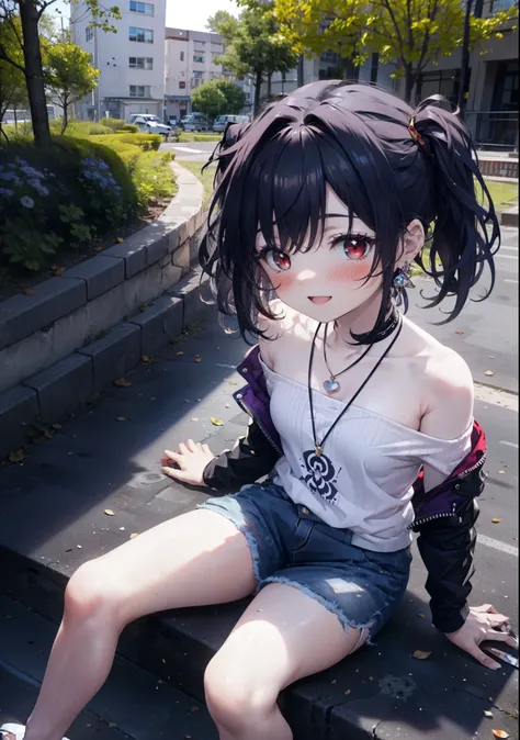 yuukikonno, Yuki Konno, hair band, Long Hair, Pointed Ears, Purple Hair, (Red eyes:1.5), (Small breasts:1.2), blush,happy smile, smile, Open your mouth,Purple cold shoulder top,Short sleeve,skinny pants,Heeled Sandals,Heart-shaped necklace,Sitting on the s...