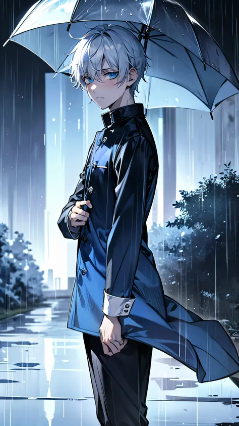 Blue eyes, white hair, male, teenager, short hair, depressed, sad, emo, sadboy, under the rain