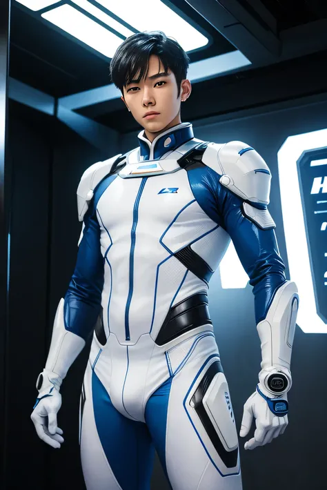 Handsome 16 year old man　cool　cyborg　　future　universe　Science fiction　The background is the galaxy universe　Standing posture　　A very tight white and blue rubber suit　Gloves　　White bulge　looking at the camera 　 Black Hair