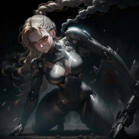 Masterpiece in ultra high definition, a testament to the best quality of digital artistry. The image focuses on a female cyborg, kneeling despairingly amidst a battlefield shrouded in smoke and flames. Her wavy blonde hair cascades down her shoulders, cont...