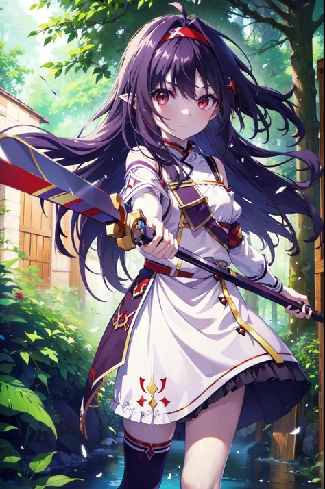 yuukikonno, Yuki Konno, hair band, Long Hair, Pointed Ears, Purple Hair, (Red eyes:1.5), (Small breasts:1.2), Serious face,Grasp the hilt of the sword with your left hand,
break white Knee socks, Removed sleeve, Knee socks, dress, white dress, armor breast...