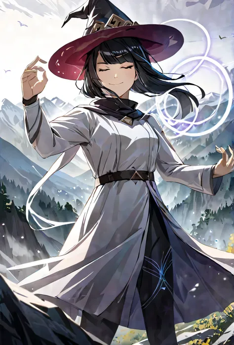 masterpiece,best quality, solo, eda, bangs, black hair, white clothes, mountains, high mountains,cloudy, mist she was wearing witch outfit, mountains background, witch suit, white dress, witch hat, she is a cosmic witch, smiling, closed mouth, calm, confid...